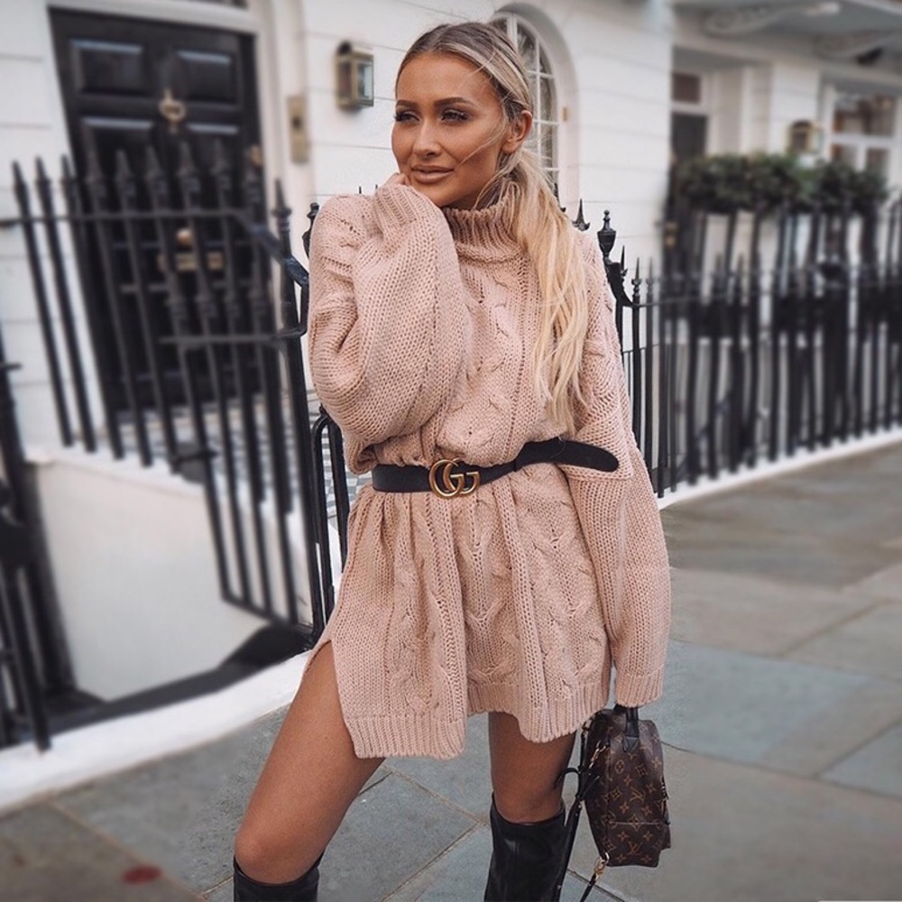 Gorgeous Braided Camel Knit Sweater Dress